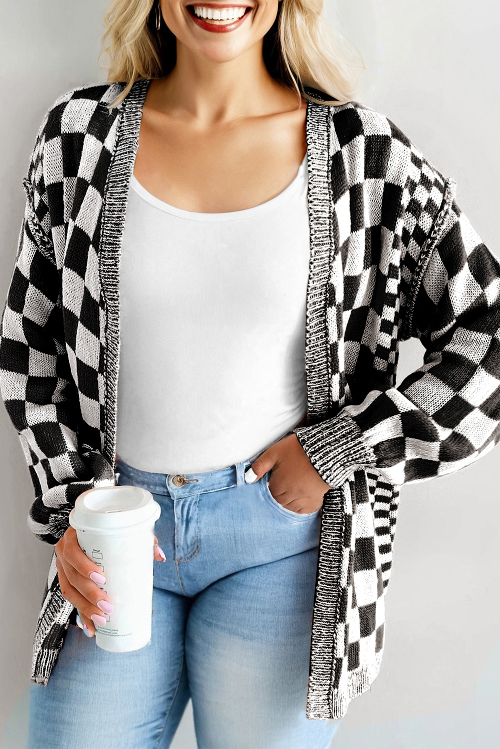 Black Plus Size Checkered Bubble Sleeve Open Front Cardigan Dear-Lover Dropshipping